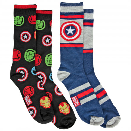 Captain America Striped Symbol and Avengers Logos 2-Pair Pack of Crew Socks